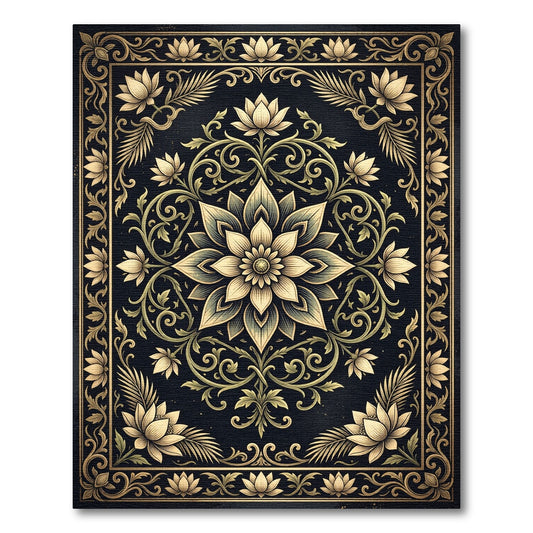 Elegant Golden Lotus Medallion Art Rug