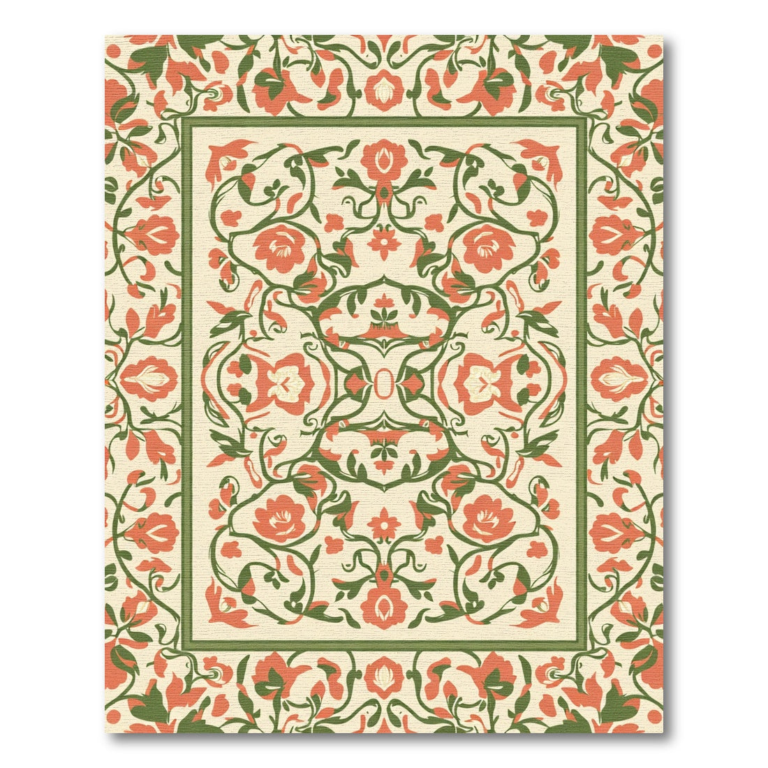 Coral Green Floral Medallion Accent Rug