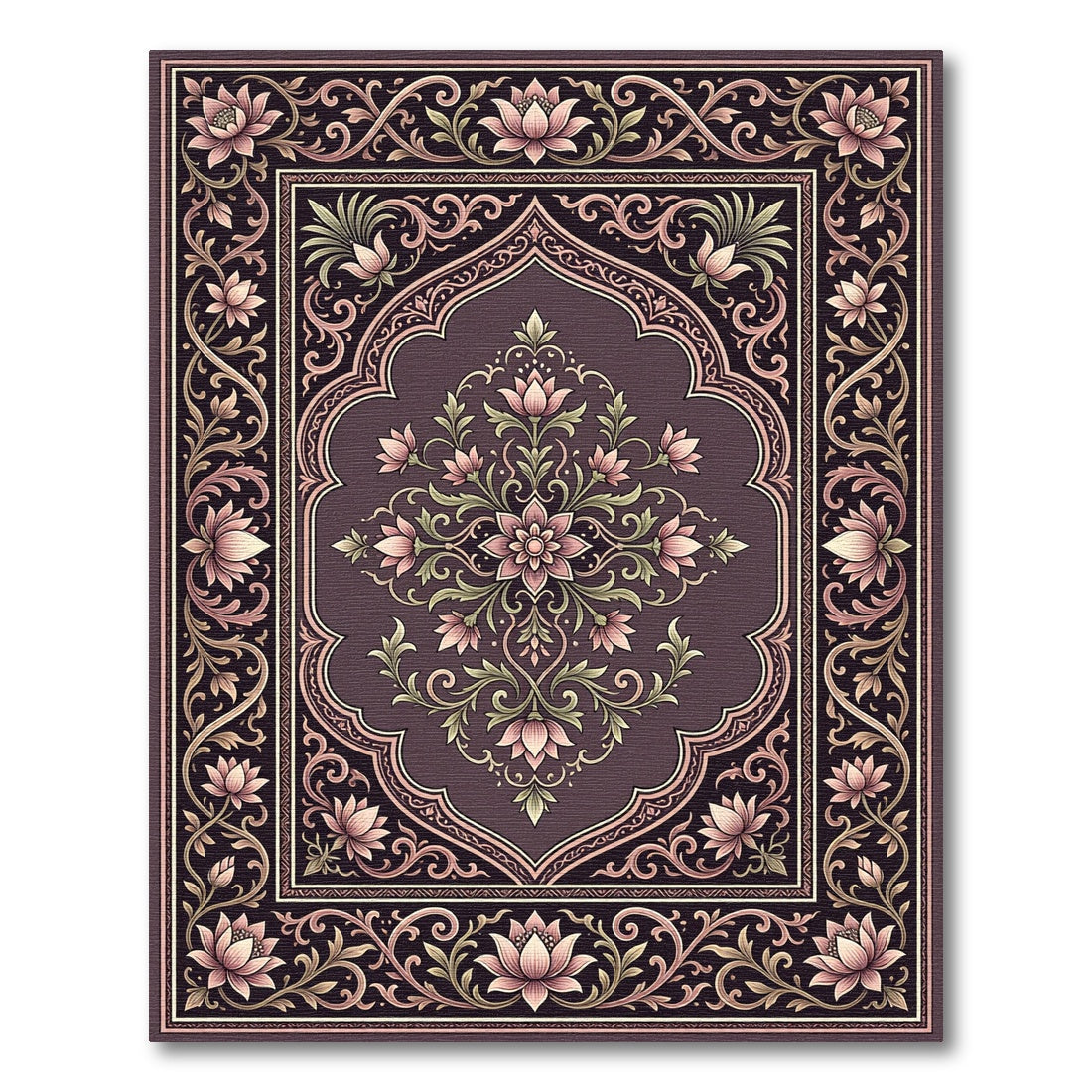 Ornate Pink Lotus Floral Frame Rug