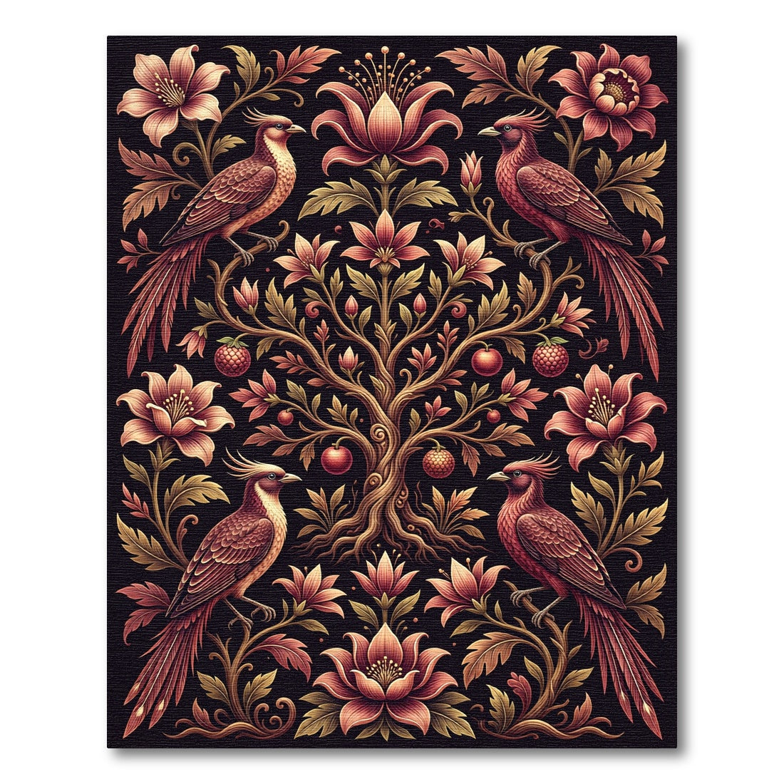 Crimson Birds Floral Tree Composition Rug