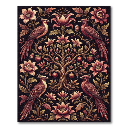 Crimson Birds Floral Tree Composition Rug