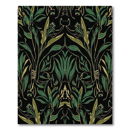Dark Green Gilded Foliage Symmetry Rug