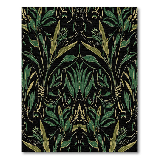 Dark Green Gilded Foliage Symmetry Rug
