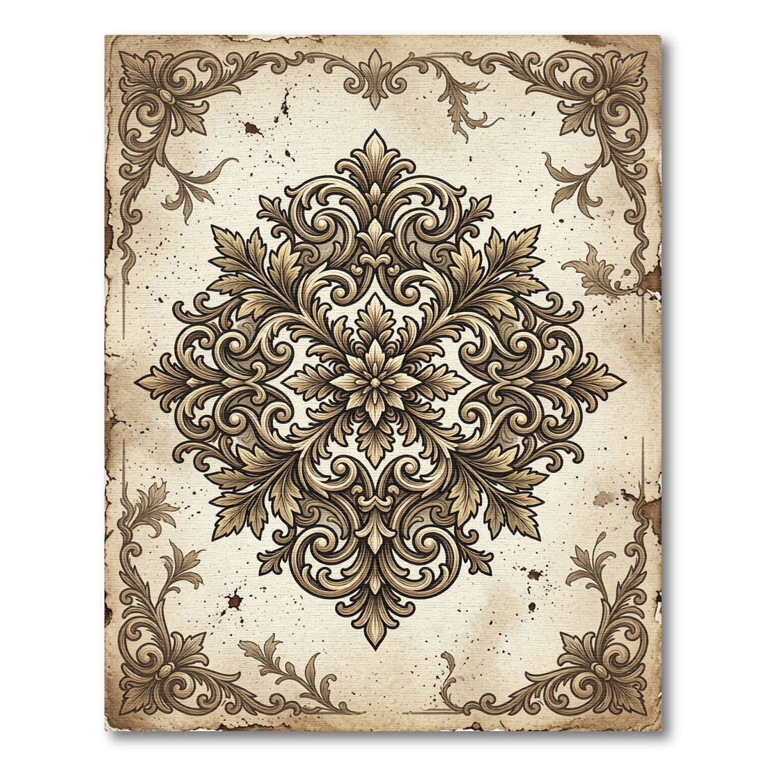 Ornate Antique Gold Damask Medallion Rug