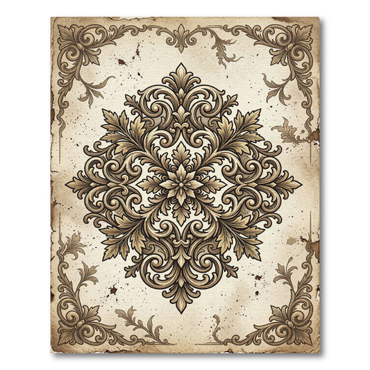Ornate Antique Gold Damask Medallion Rug