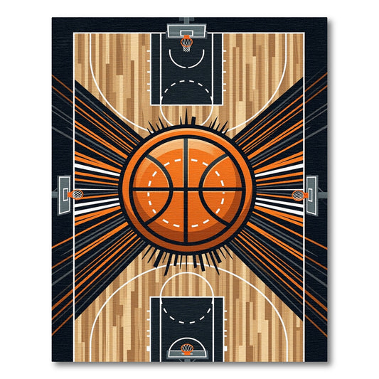 Dynamic Orange Black Basketball Court Art Rug
