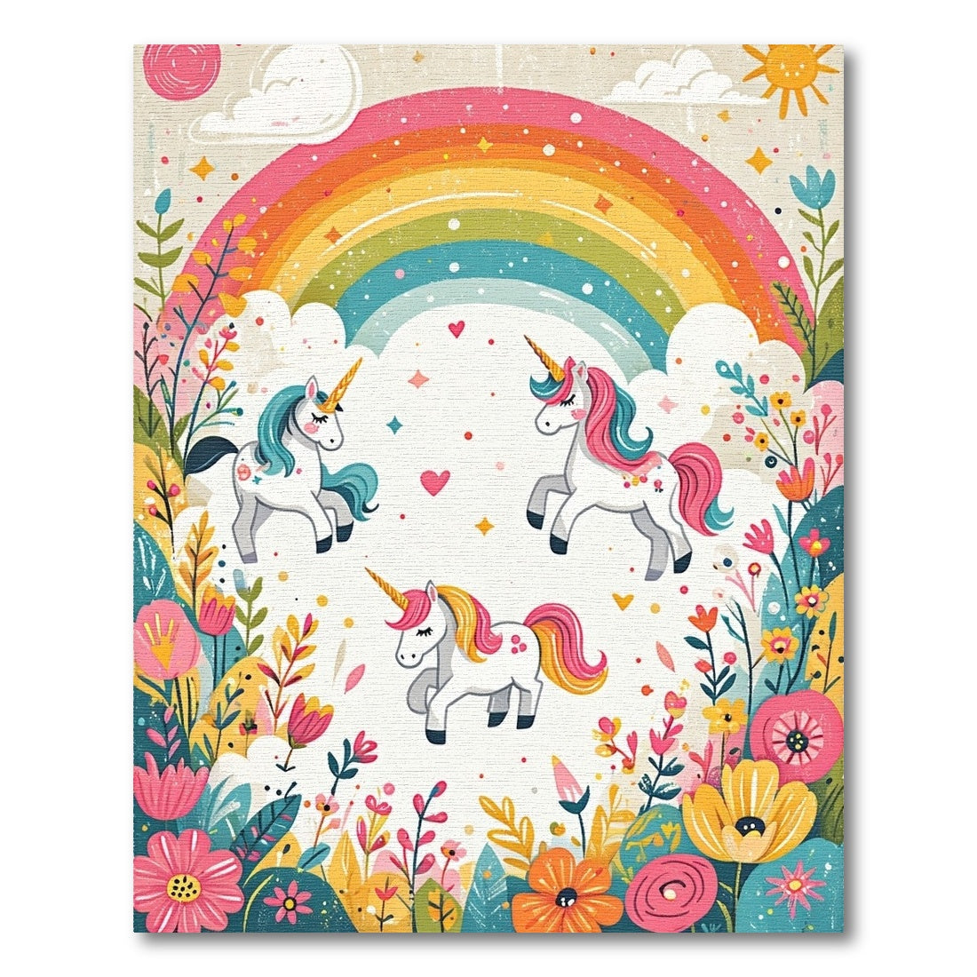 Whimsical Rainbow Unicorns Floral Rug