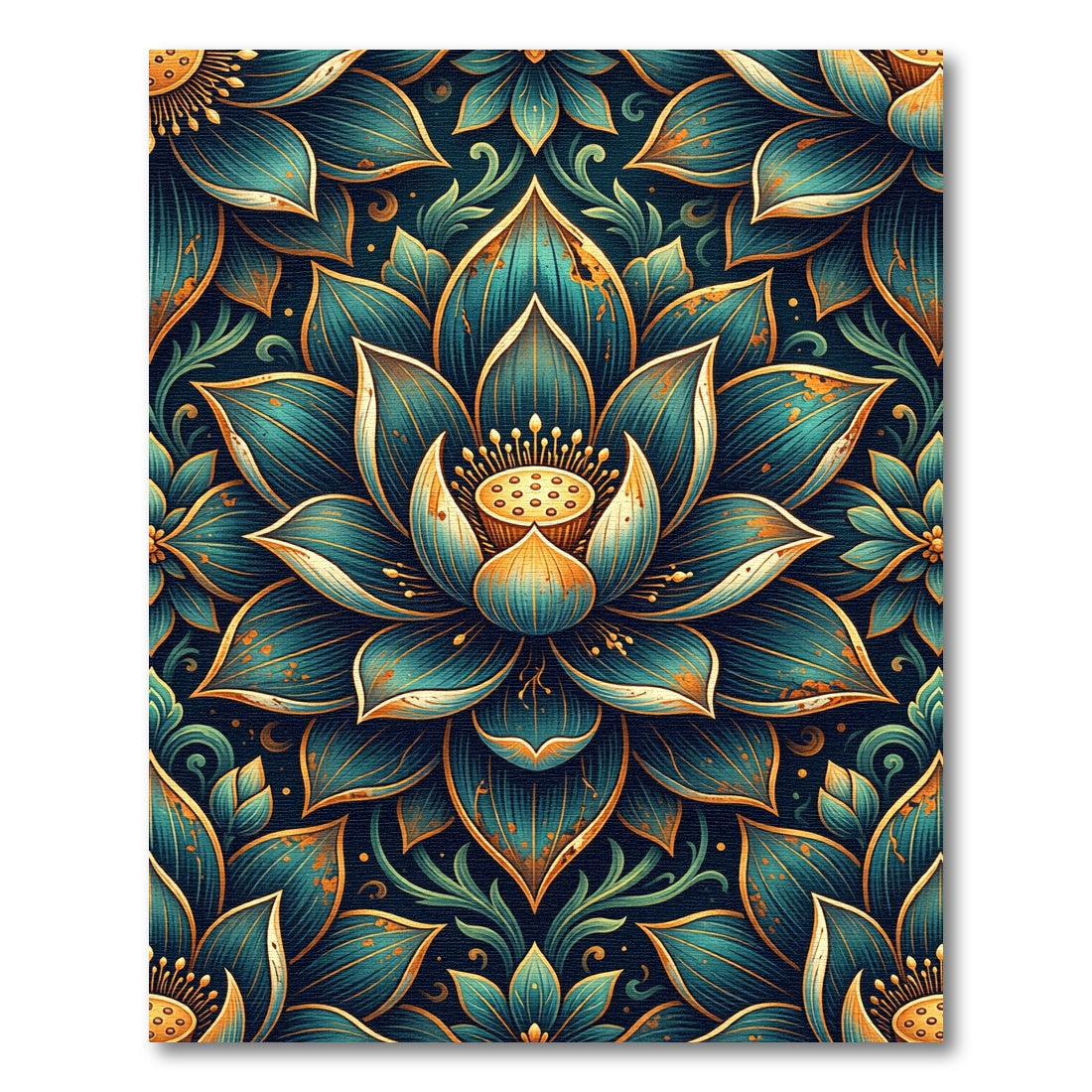 Ornate Teal Gold Lotus Floral Mandala Rug