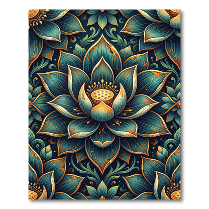 Ornate Teal Gold Lotus Floral Mandala Rug