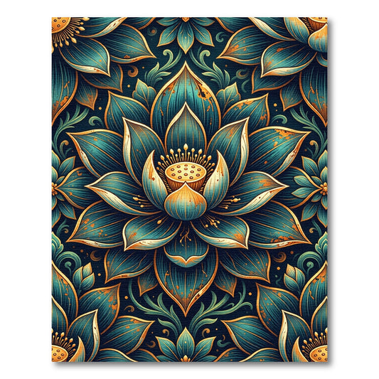 Ornate Teal Gold Lotus Floral Mandala Rug