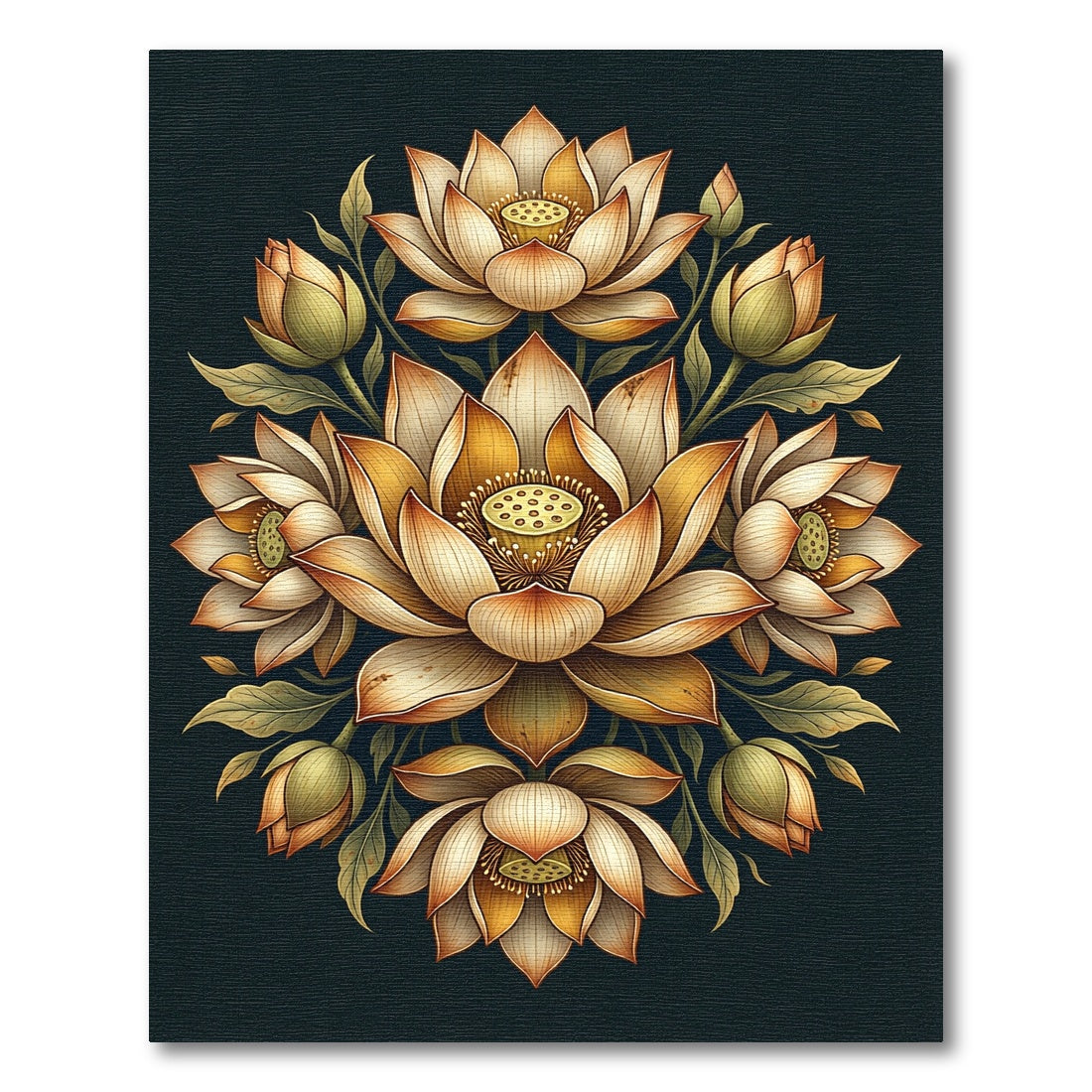 Elegant Golden Lotus Floral Medallion Rug