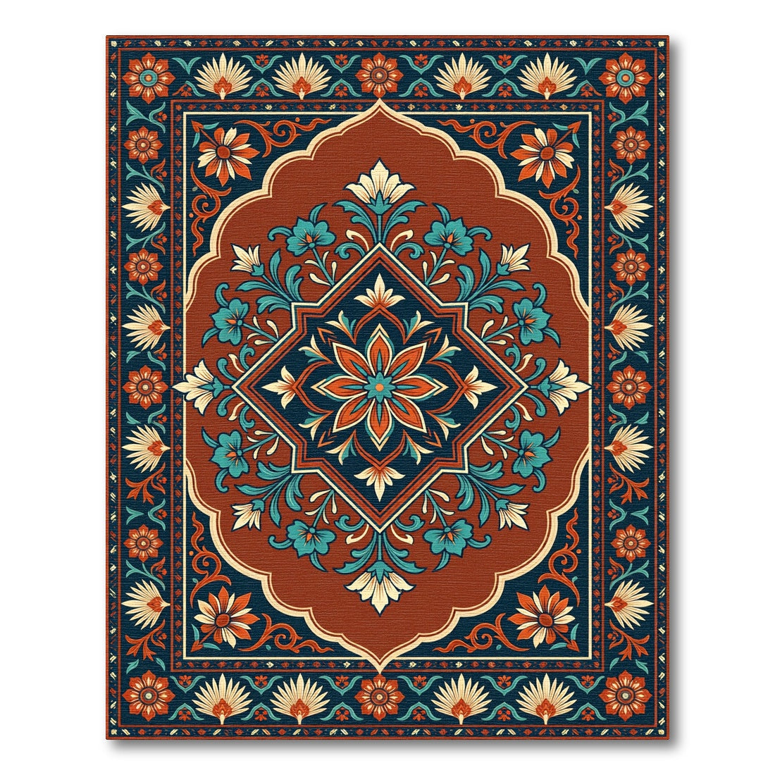 Terracotta Teal Floral Medallion Square Rug