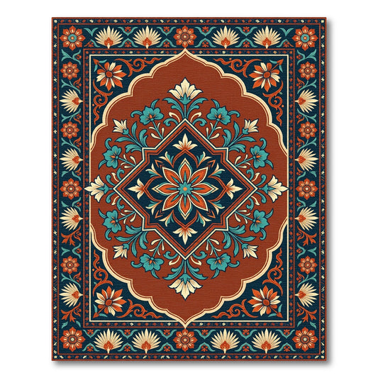 Terracotta Teal Floral Medallion Square Rug