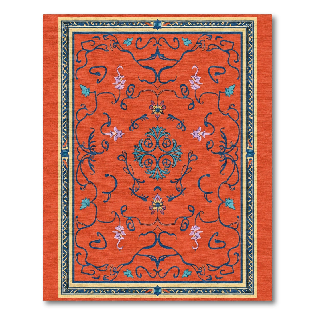 Orange Blue Floral Scroll Medallion Rug