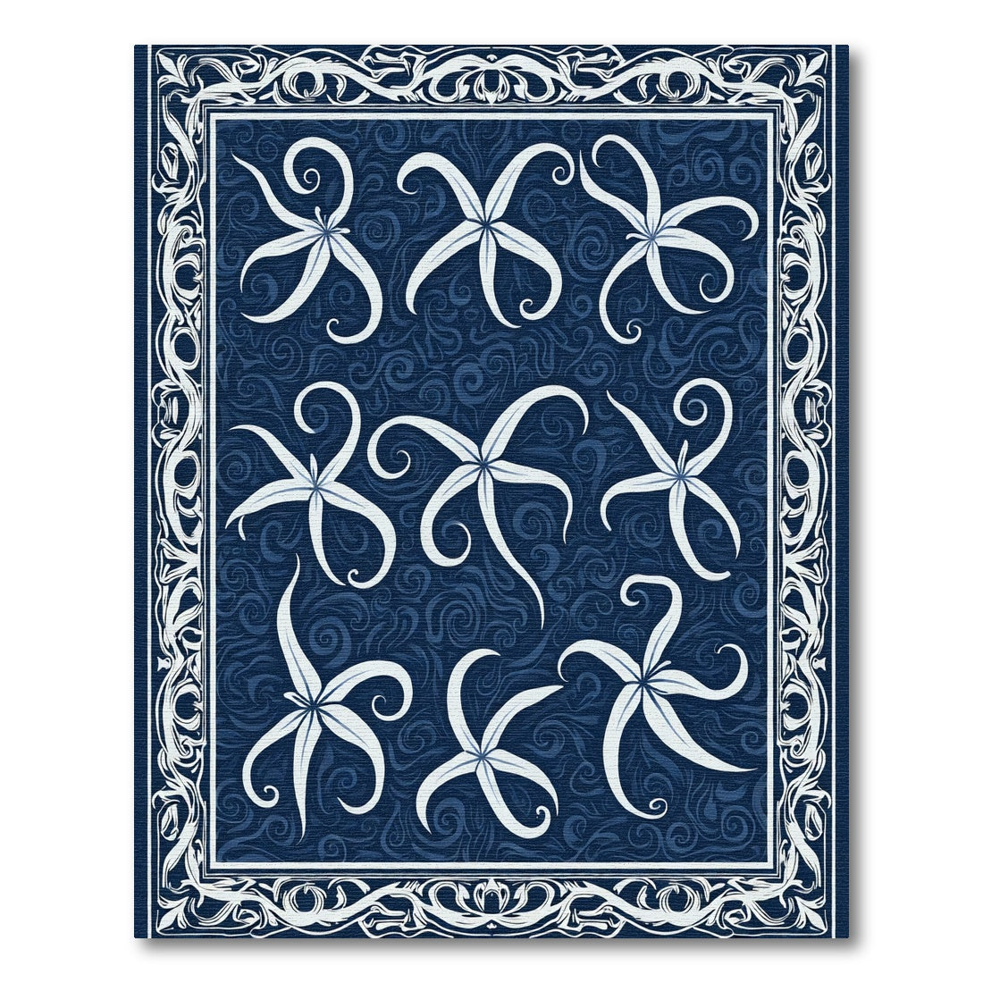 Naval White Starbursts Swirls Border Rug
