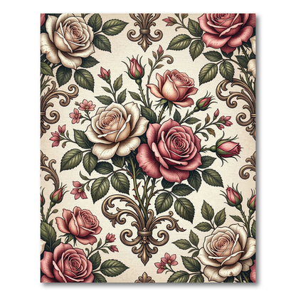 Elegant Rose Bouquet with Ornate Scrollwork Rug