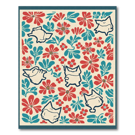 Red Teal Whimsical Floral Cat Collage Rug