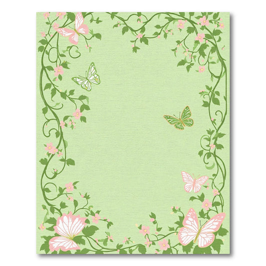 Pink Green Butterflies Delicate Floral Vines Rug
