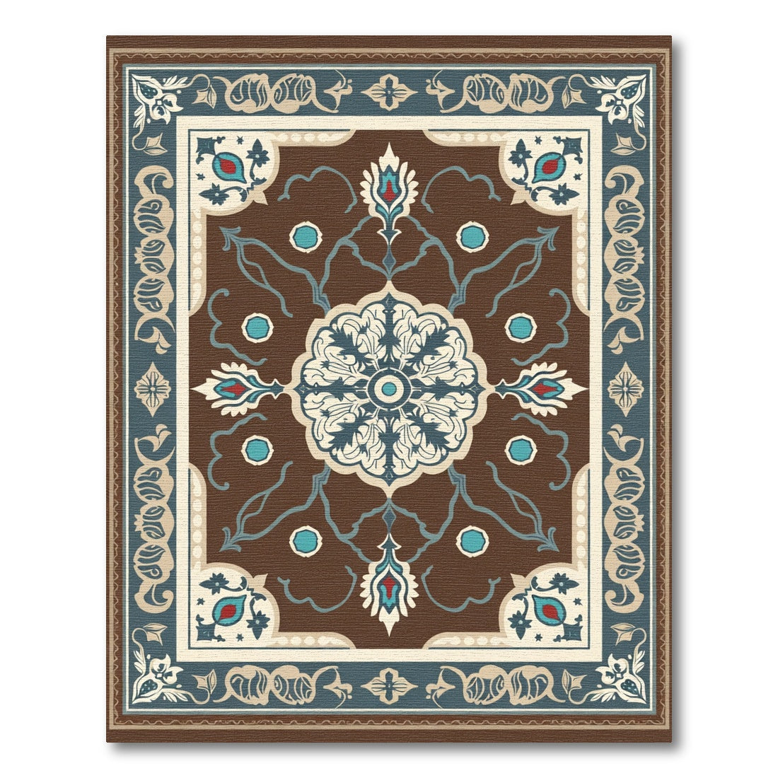 Brown Blue Medallion Floral Border Rug