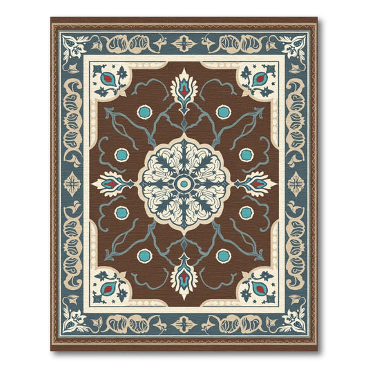 Brown Blue Medallion Floral Border Rug