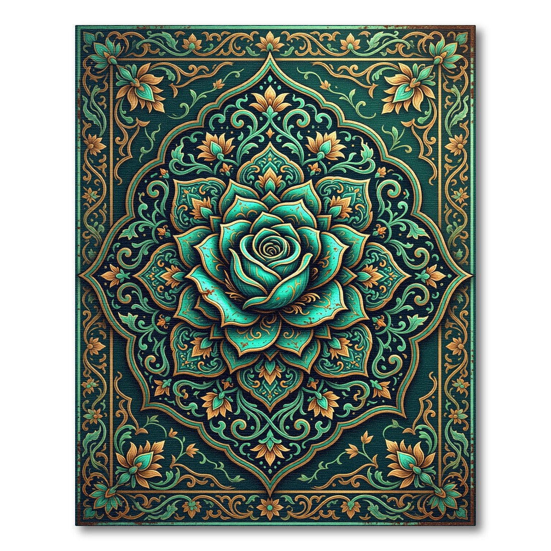 Teal Floral Rose Medallion Art Rug