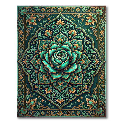 Teal Floral Rose Medallion Art Rug