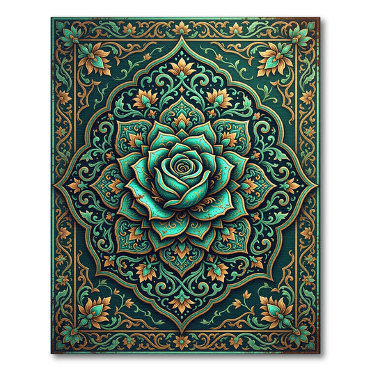 Teal Floral Rose Medallion Art Rug