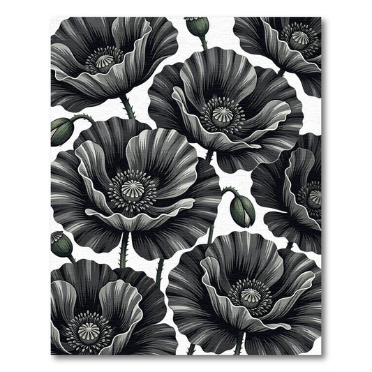 Dramatic Black Poppy Floral Repeat Rug
