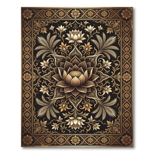 Elegant Golden Lotus Floral Medallion Rug