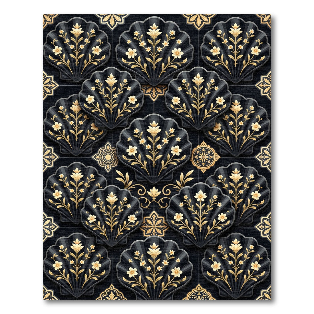 Golden Floral Fan Black Tile Rug