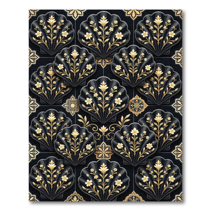 Golden Floral Fan Black Tile Rug