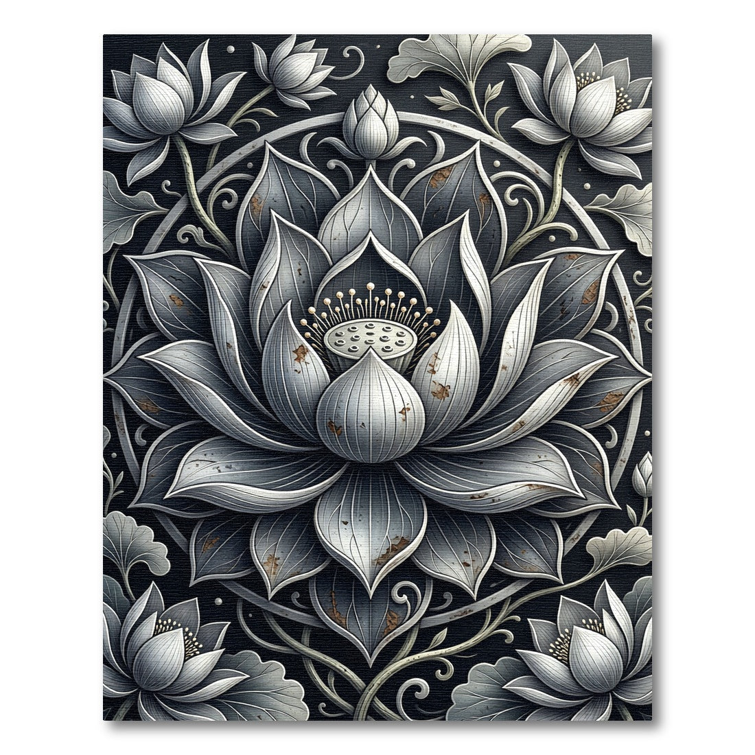 Elegant Monochrome Lotus Medallion Rug