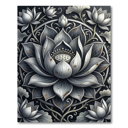 Elegant Monochrome Lotus Medallion Rug
