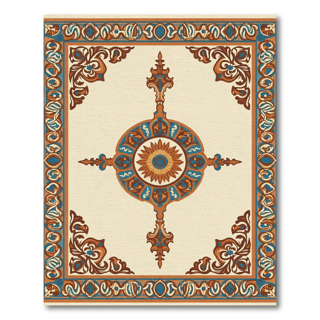 Orange Teal Medallion Floral Border Rug
