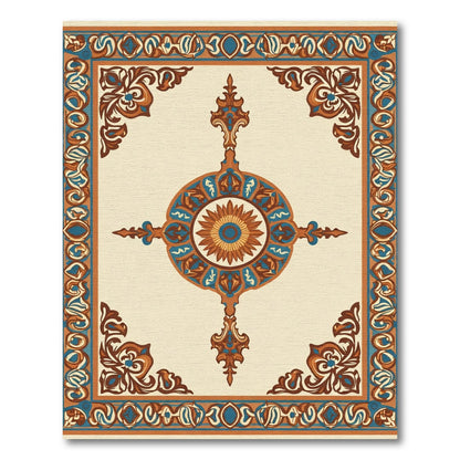 Orange Teal Medallion Floral Border Rug
