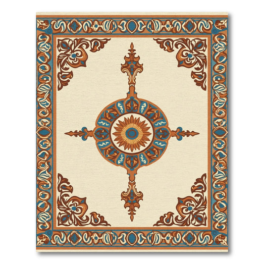 Orange Teal Medallion Floral Border Rug
