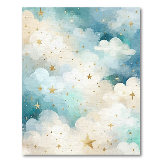 Dreamy Teal Clouds Golden Stars Rug