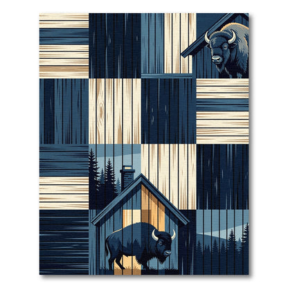 Rustic Bison Cabin Woodgrain Patches Rug