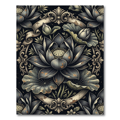 Ornate Dark Lotus Floral Scroll Rug