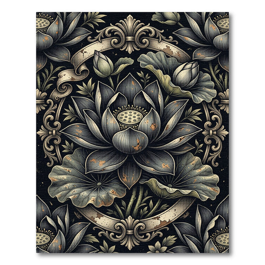 Ornate Dark Lotus Floral Scroll Rug