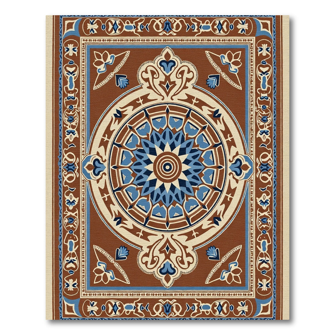 Brown Blue Floral Medallion Traditional Rug
