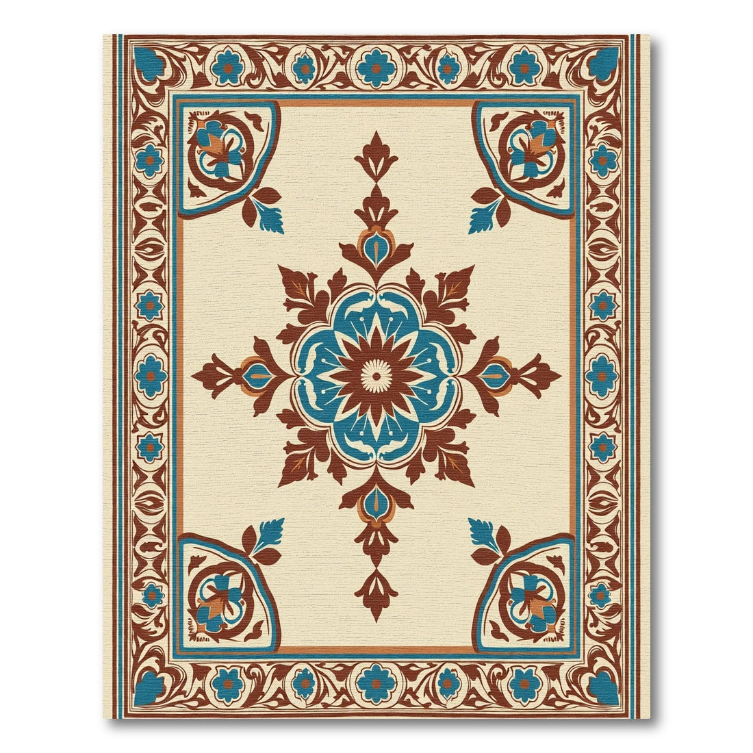 Classic Teal Brown Floral Medallion Rug