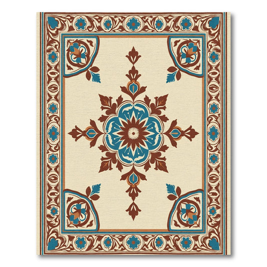 Classic Teal Brown Floral Medallion Rug