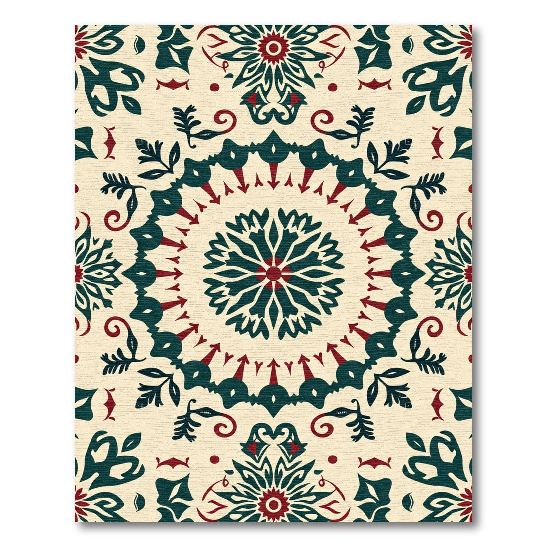 Cream Red Teal Folk Medallion Rug