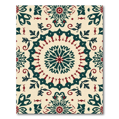 Cream Red Teal Folk Medallion Rug