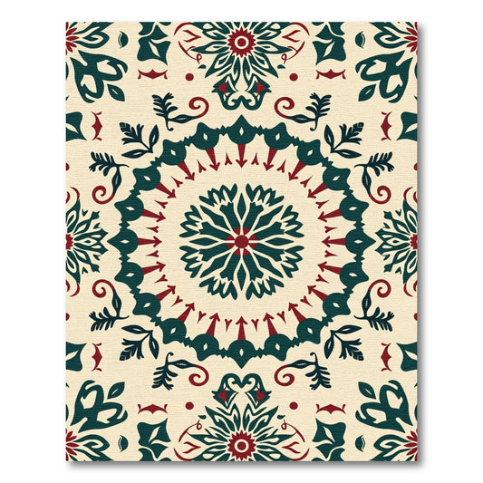 Cream Red Teal Folk Medallion Rug