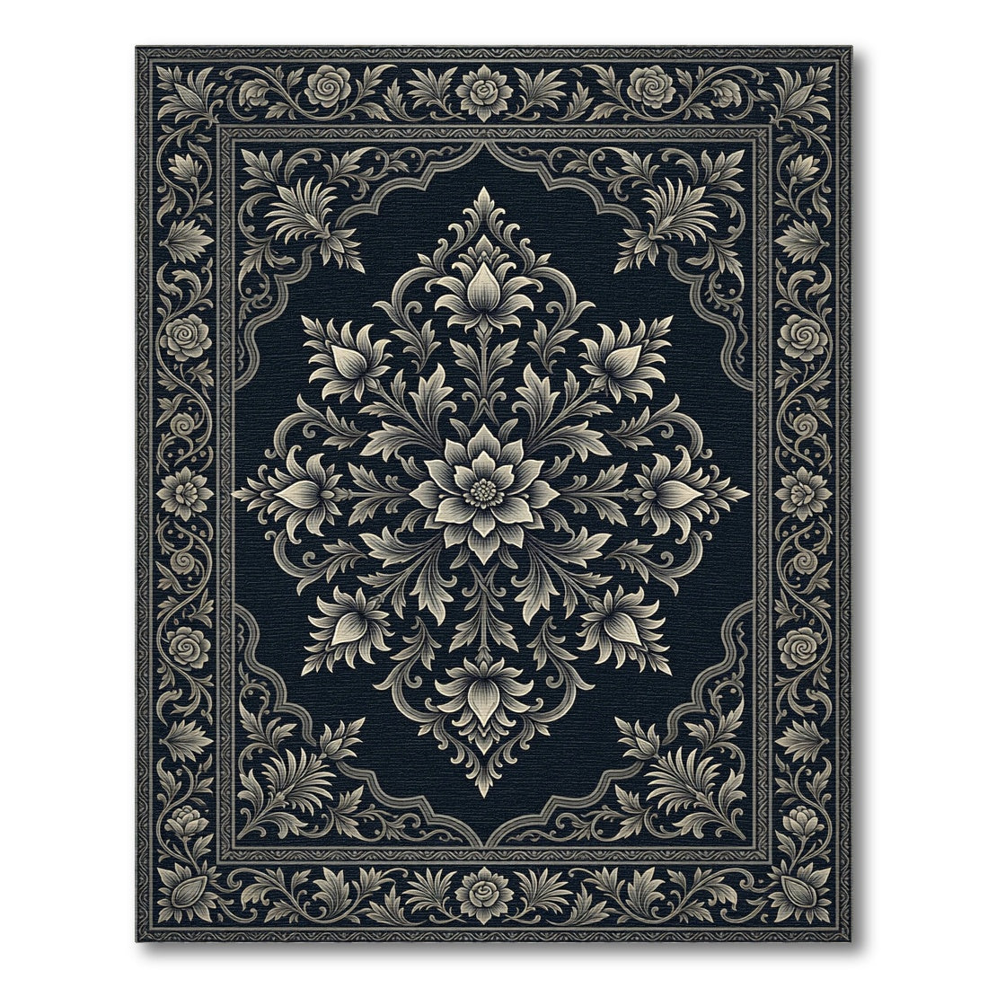 Ornate Grey Floral Medallion Dark Rug