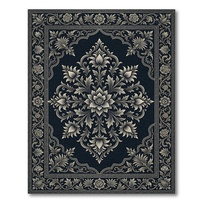 Ornate Grey Floral Medallion Dark Rug