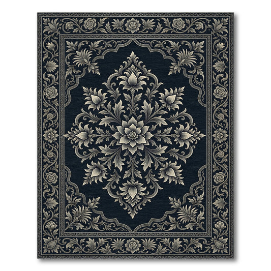 Ornate Grey Floral Medallion Dark Rug