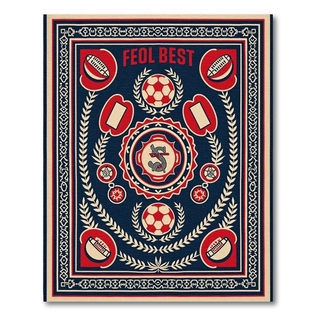 Vintage Navy Red Soccer Emblem Rug